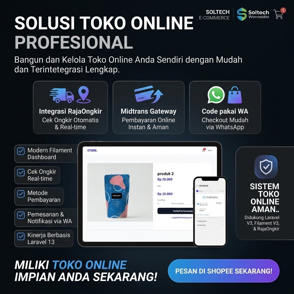 Source Code Website Toko Online E-Commerce Profesional | Laravel 13, Filament V3, Midtrans, RajaOngk