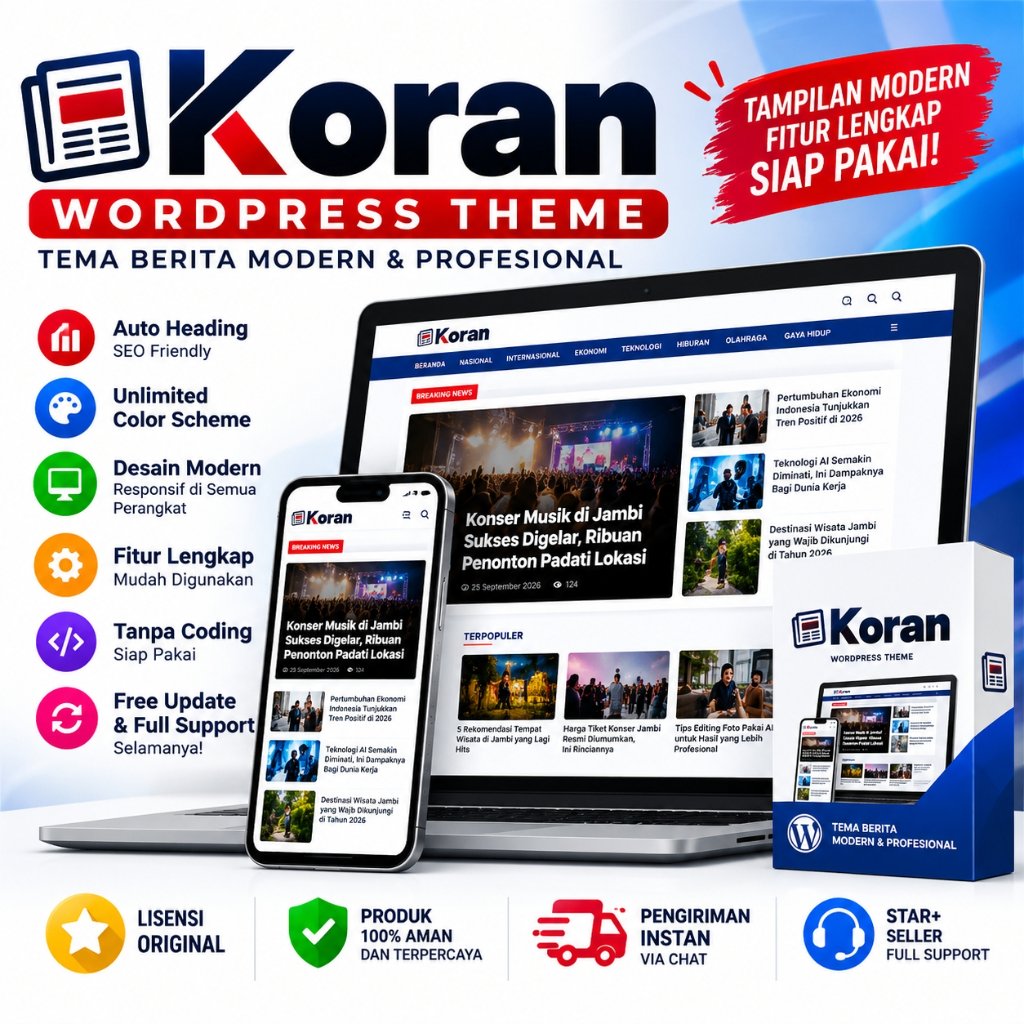 Koran Theme Wordpress, Theme Khusus untuk Blog dan Berita - Original Lisensi Lifetime