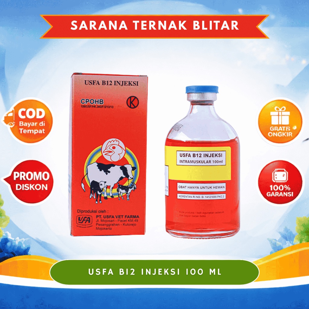 USFA B12 100 ML - Vitamin B12 Injeksi Ternak, Suplemen Vitamin Hewan