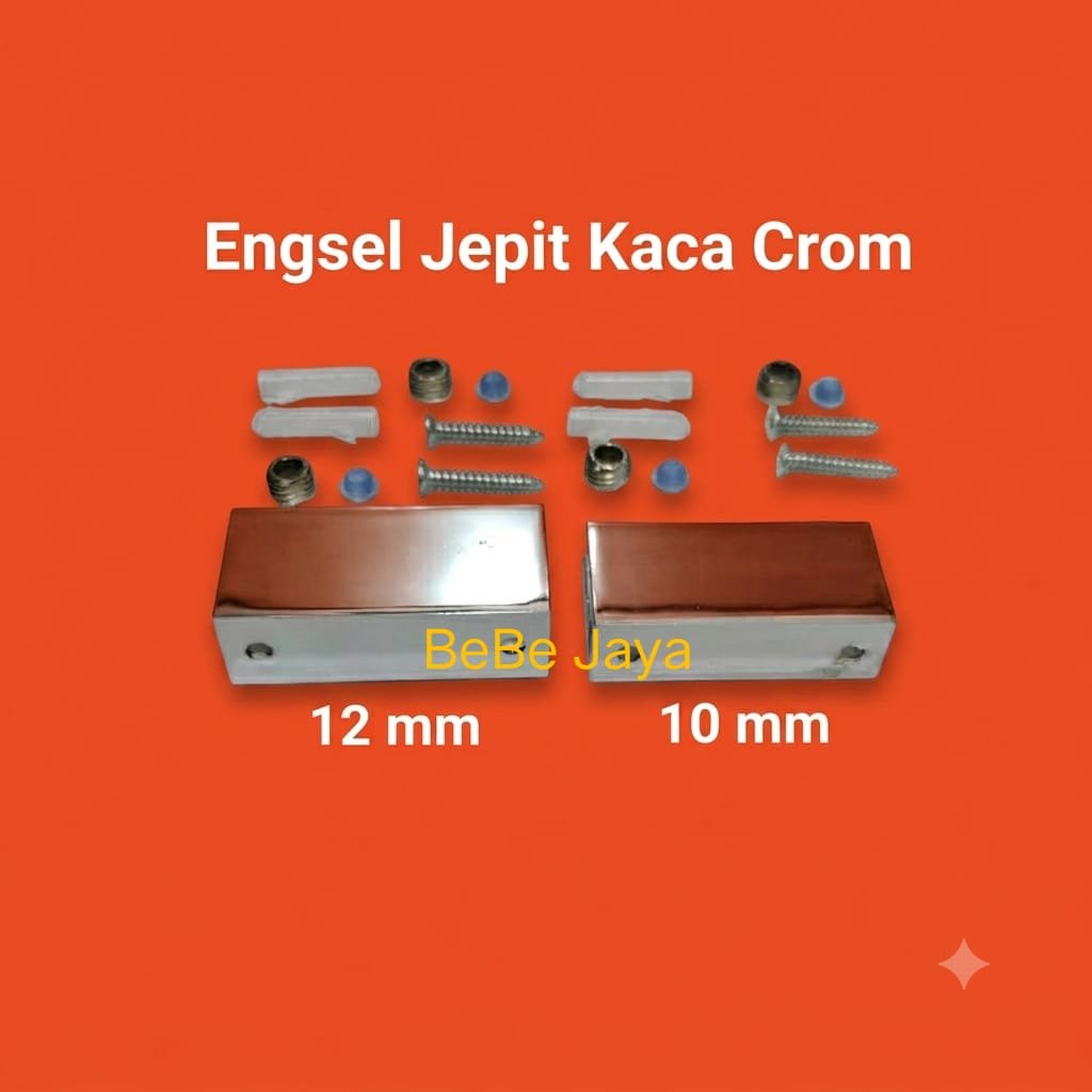 Ambalan Jepit Kaca Panjang Besi CHROME untuk Kaca 10mm, 12mm