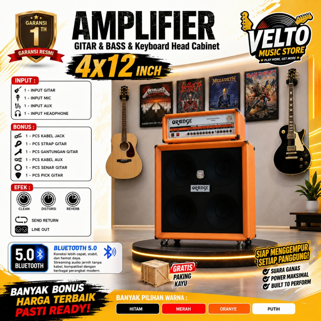 Ampli Gitar & Bass & Keyboard 4x12 Inch ORAONGE Bluetooth 5.0 bisa untuk karaoke 3 Input Marshall