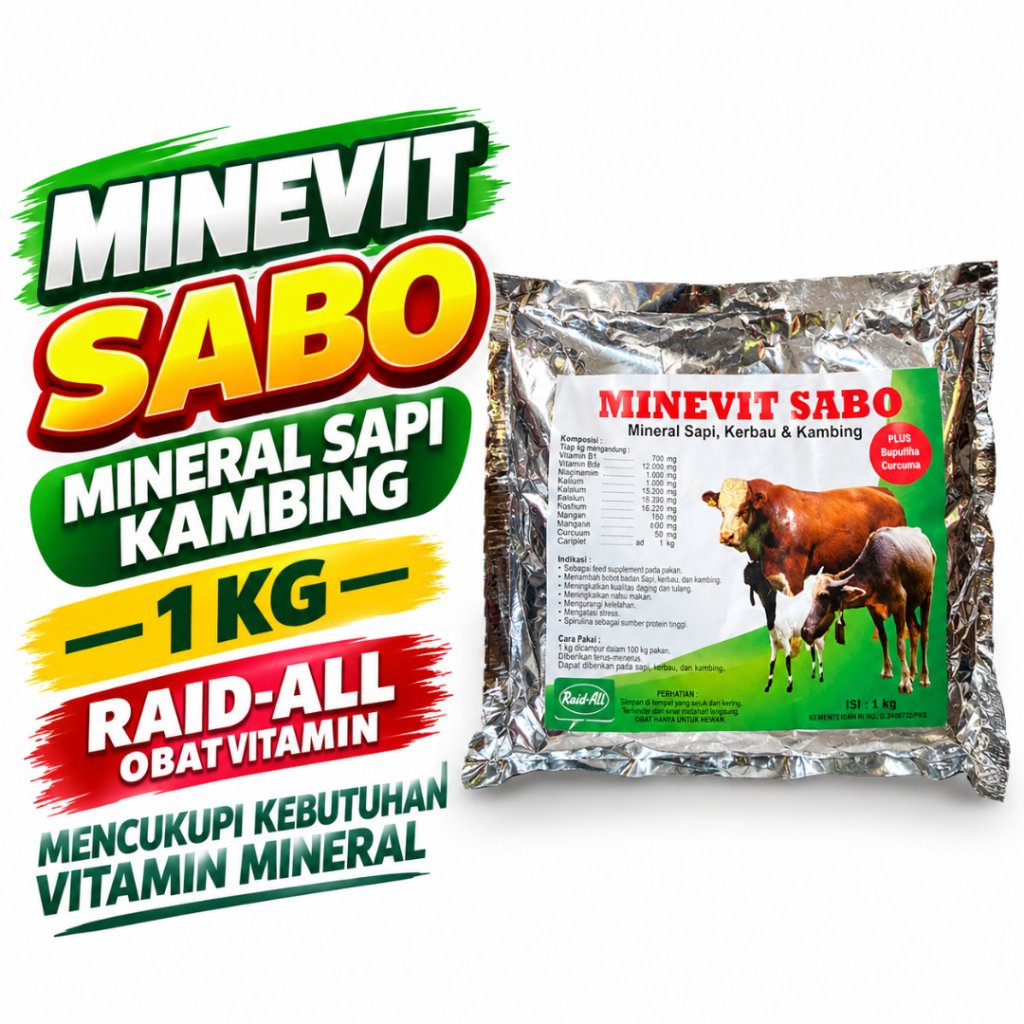 SEDIA MINEVIT SABO MINERAL SAPI KAMBING 1 KG RAID-ALL OBAT VITAMIN MENCUKUPI KEBUTUHAN VITAMIN MINER