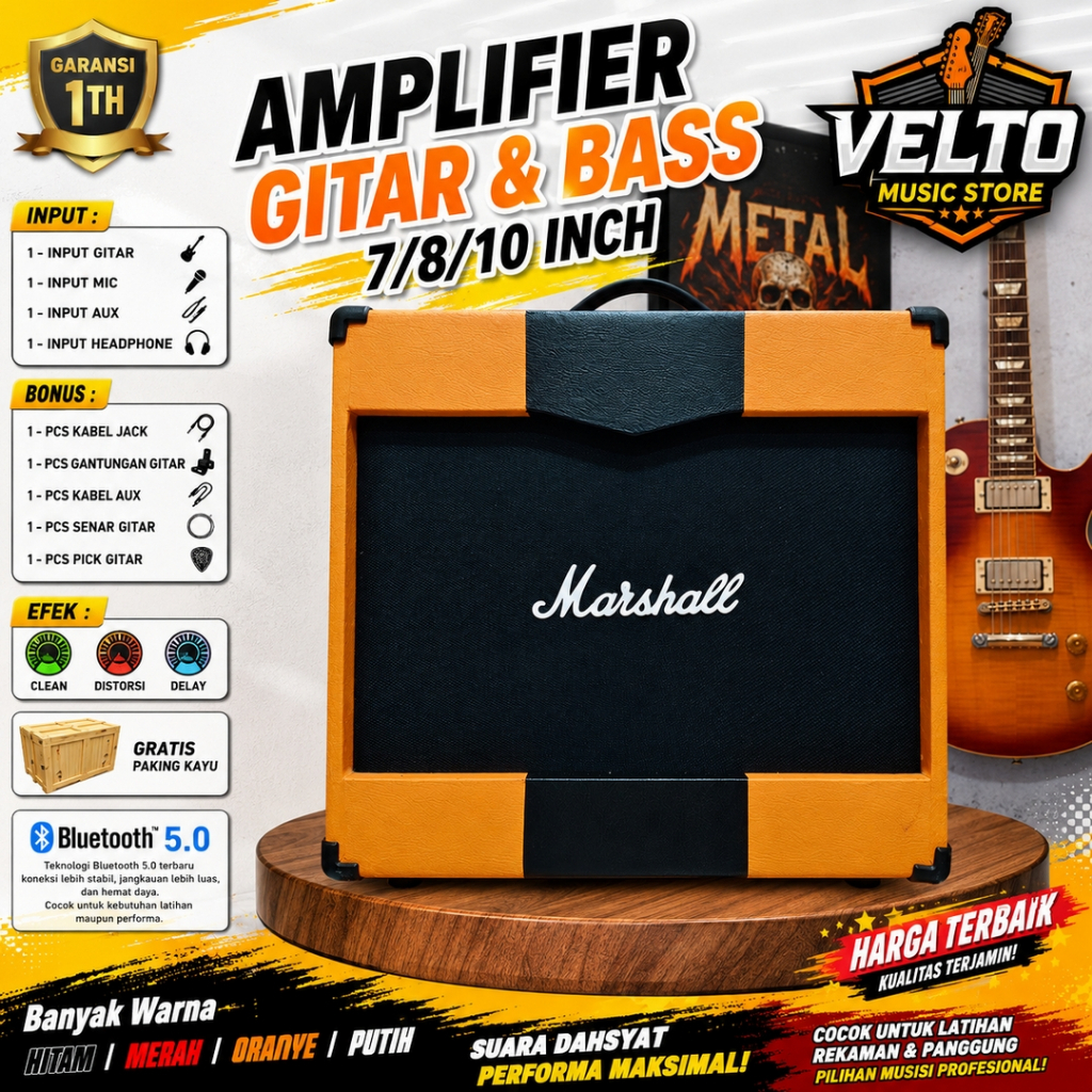 ampli gitar & bass 10/8/7 inch bluetooth 5.0 3 Input marshall ada efek distorsi & delay ORANYE