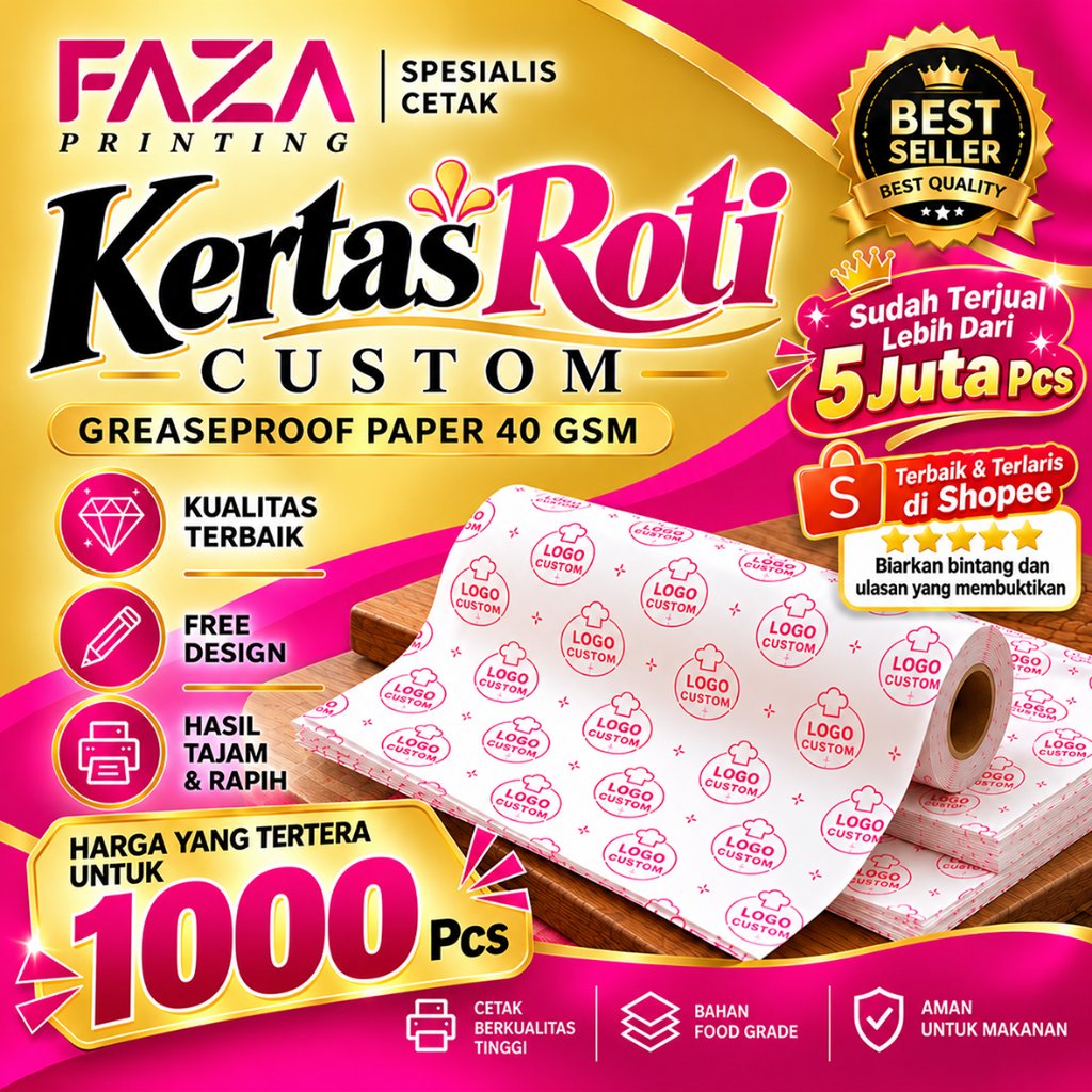 CUSTOM Kertas Roti Foodgrade 1000 Pcs / cetak kertas roti custom / cetak logo / burger / kertas gore