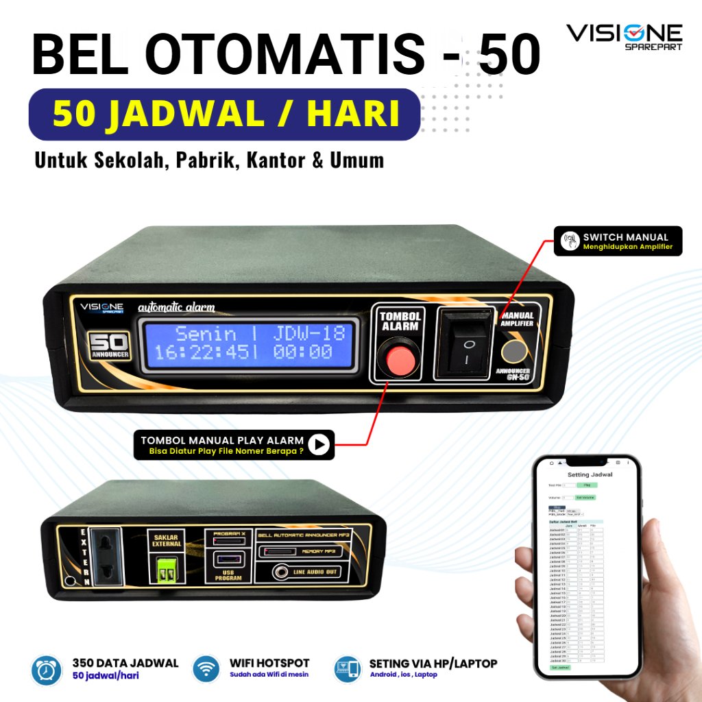 Bel Kantor Otomatis Bel Pabrik Bel Sekolah Otomatis & Manual Wifi MP3 Otomatis Alarm MP3 Visione