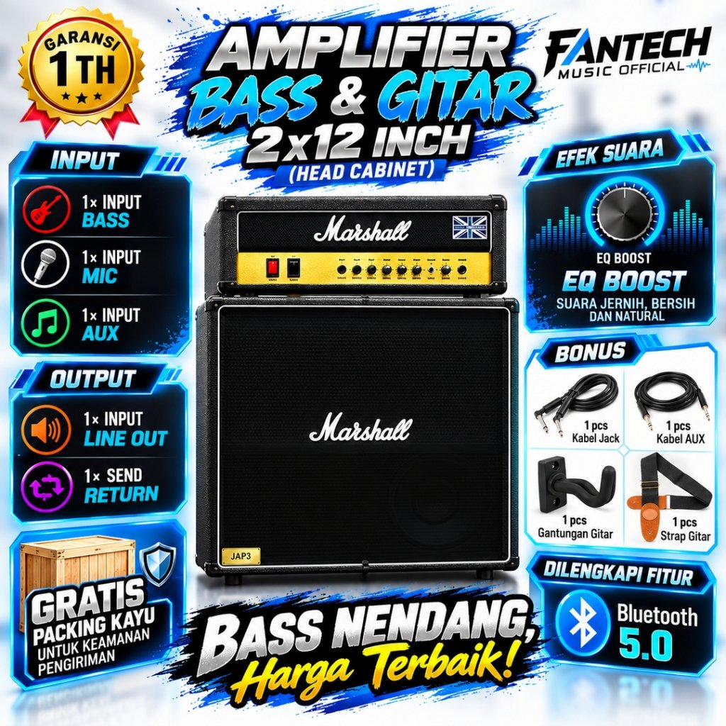 Ampli Bass & Gitar 2x12 Inch bluetooth bisa untuk karaoke Marshall 3 Input Head Cabinet Bonus Kabel 