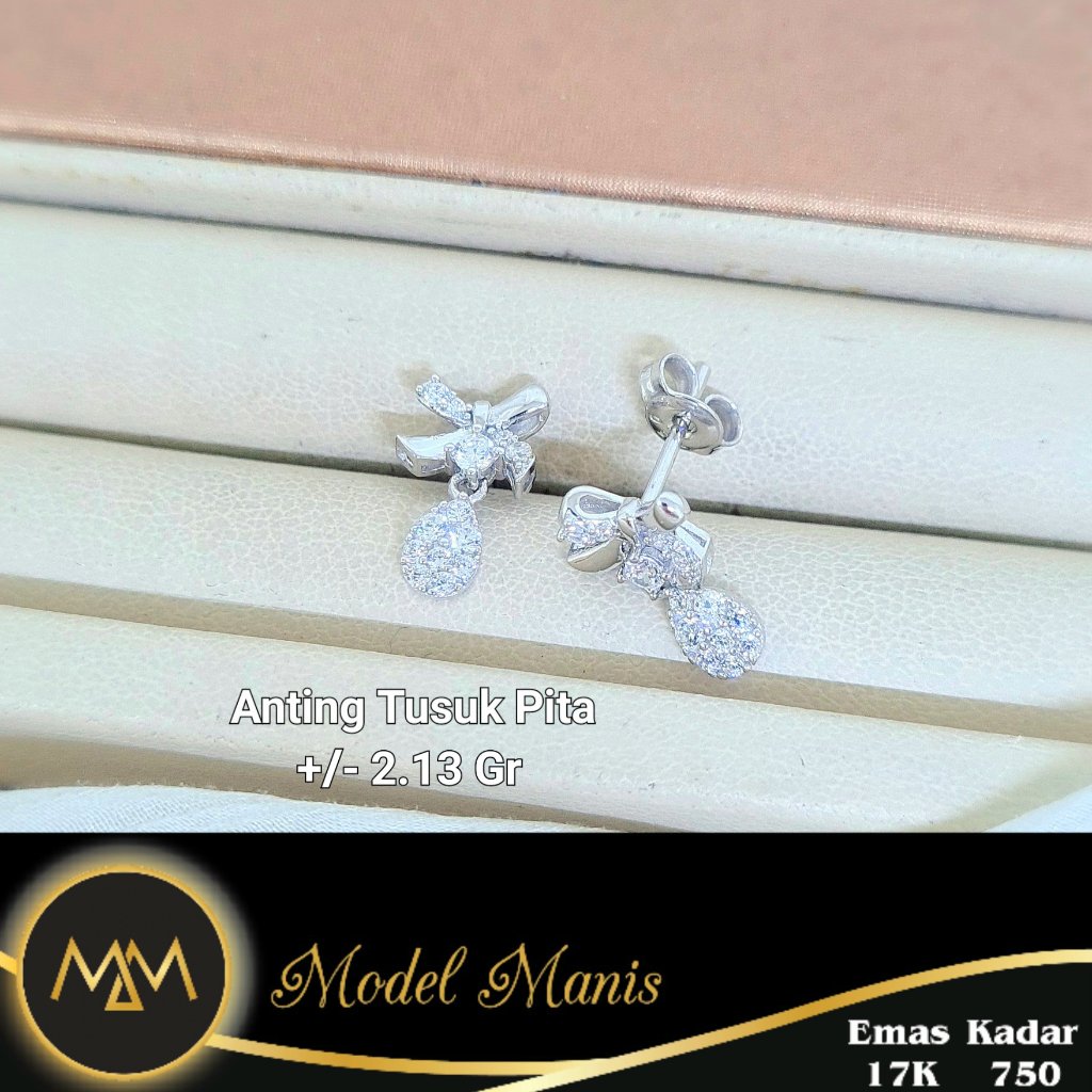 anting Tusuk pita love emas putih 750 kadar 17K