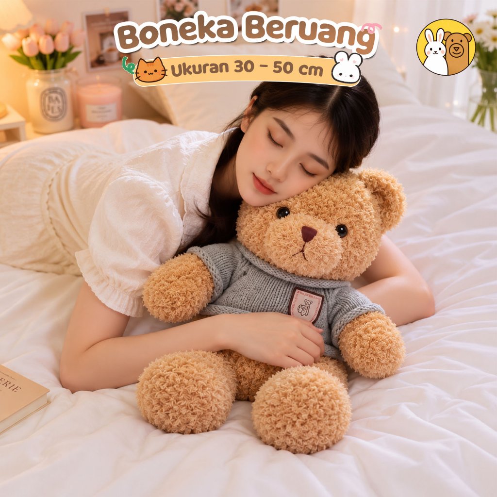 Boneka Teeddy Bear Natal Plush Toy Beruang Karakter Imut Dengan Aksesoris Baju Sweater Teman Tidur M