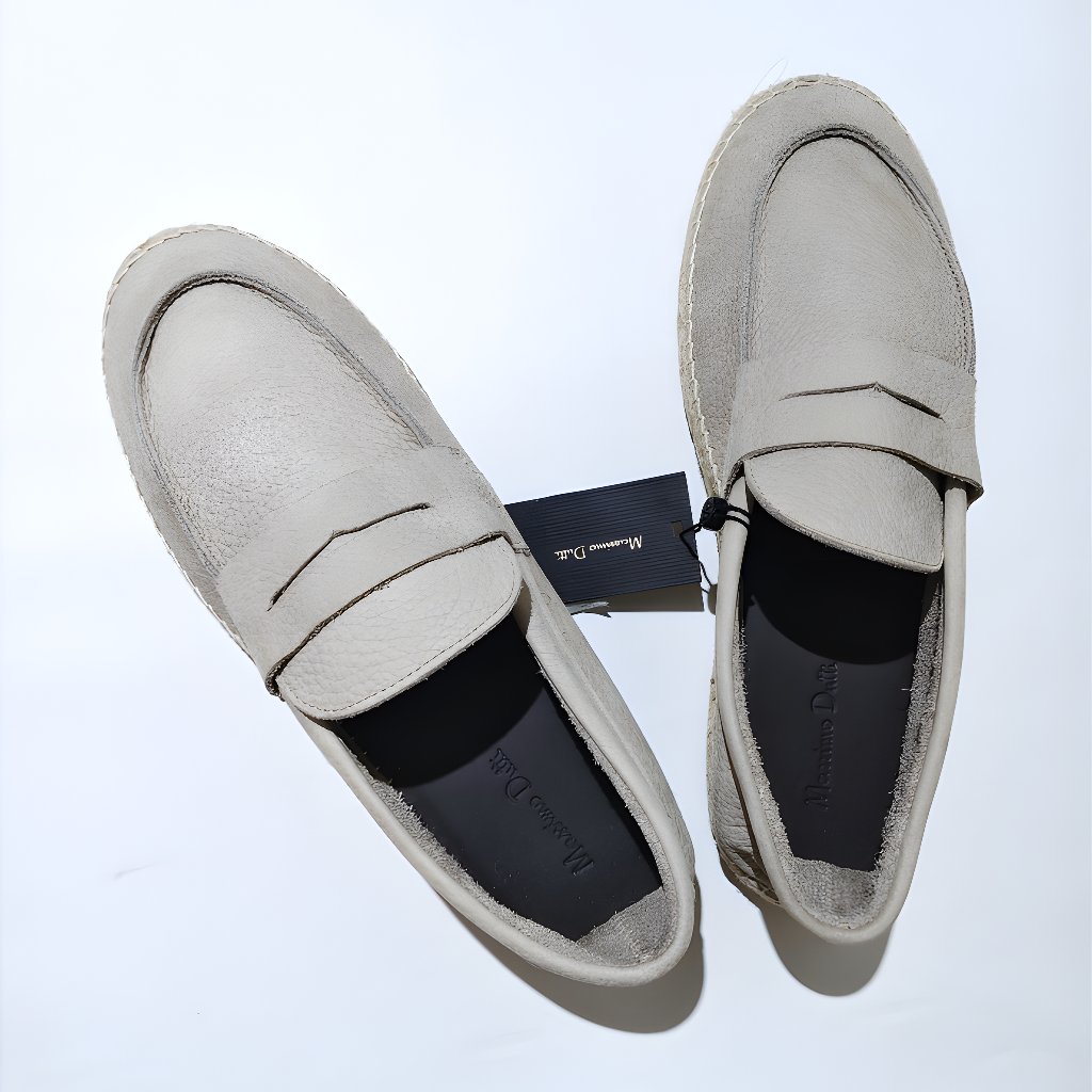 (Men's Shoes Size 44) - MDT - Men's Penny Loafer Espadrilles with Textured Leather Finish in Beige -