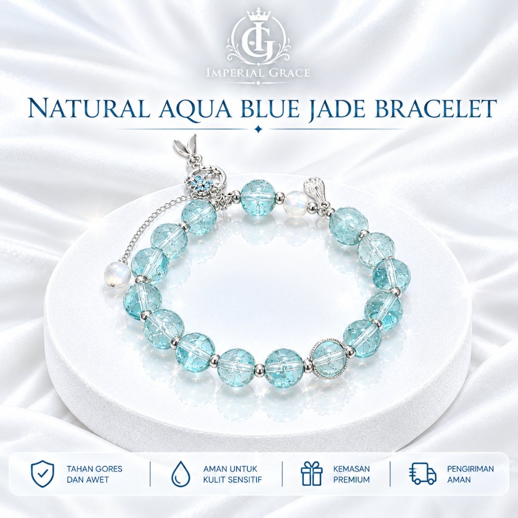 PSL-43| Natural Aqua Blue Silver Bracelet Gelang Batu Giok Aqua Natural Wanita Aesthetic Premium |