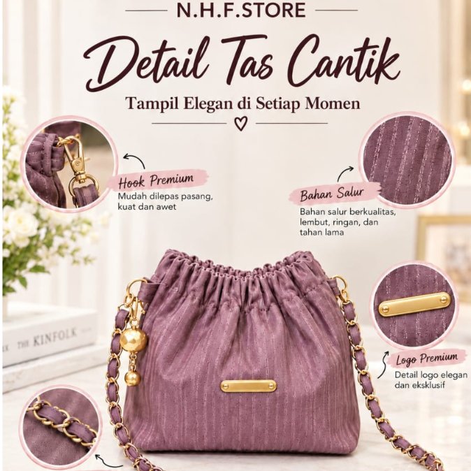 RAINE Tas Selempang Wanita Pouch Pleats Hitam | Shoulder Bag Cewek Elegan | Tas Wanita Seut Nylon