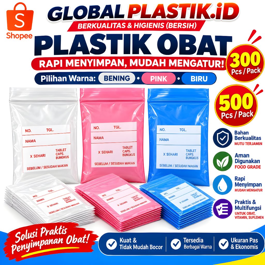 Plastik Klip Obat Apotek Pink-Biru-Bening 300 & 500 Pcs - Kantong Obat Ziplock Mini Tebal Kuat Kemas