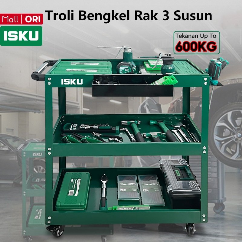 ISKU Troli Bengkel 3 Susun Rak Perkakas Tool Cart Heavy Duty Service Cart Rak Penyimpanan Barang Mob