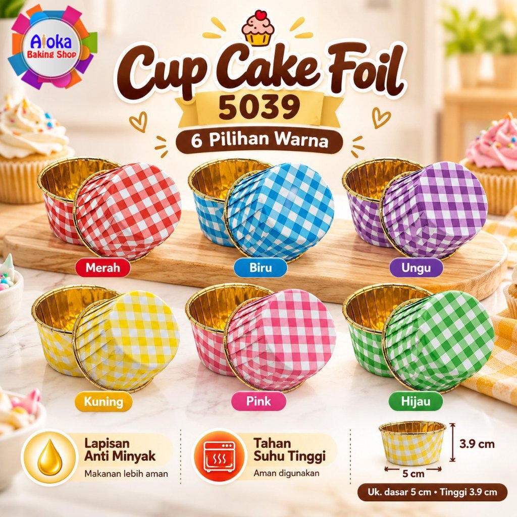50Pcs Cup Cake Foil 5039 Motif Kotak-Kotak 6 Warna / Cup Aluminium Baking Muffin Cupcake Anti Minyak