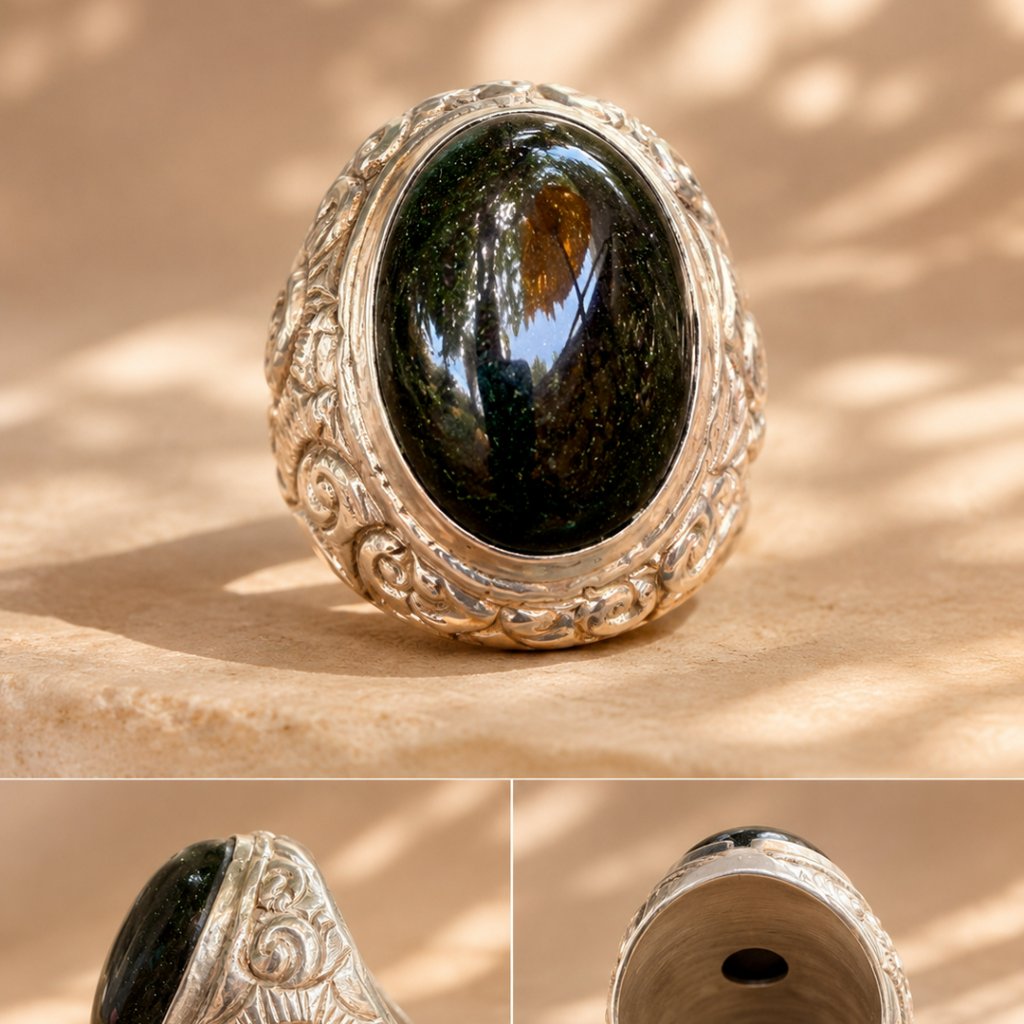 Gagang Emban Cincin Ring Perak Silver Bali Asli 925 Ukir Omkara Ongkara Batu Badar Pasir Pria Laki W