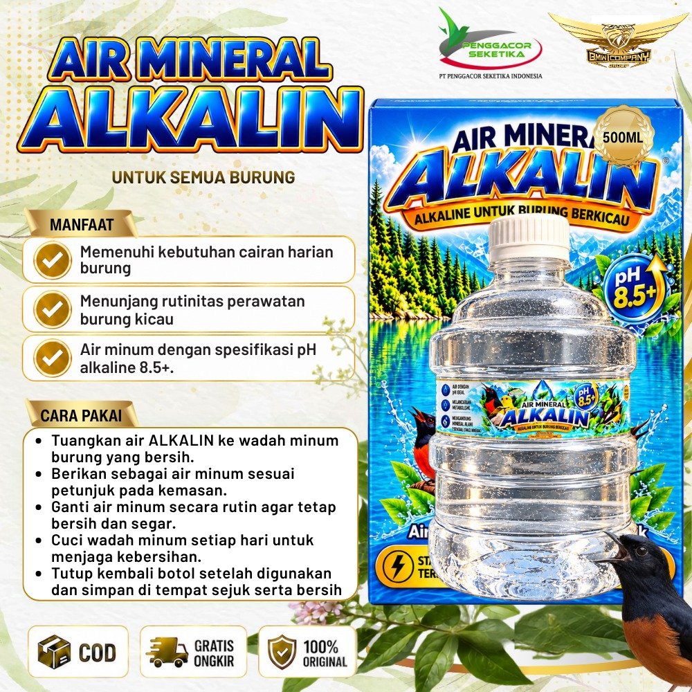 NEW ALKALIN Air Mineral Alkaline untuk Burung Kicau pH 8.5+ 500 ml – Air Mineral Burung Murai Batu K