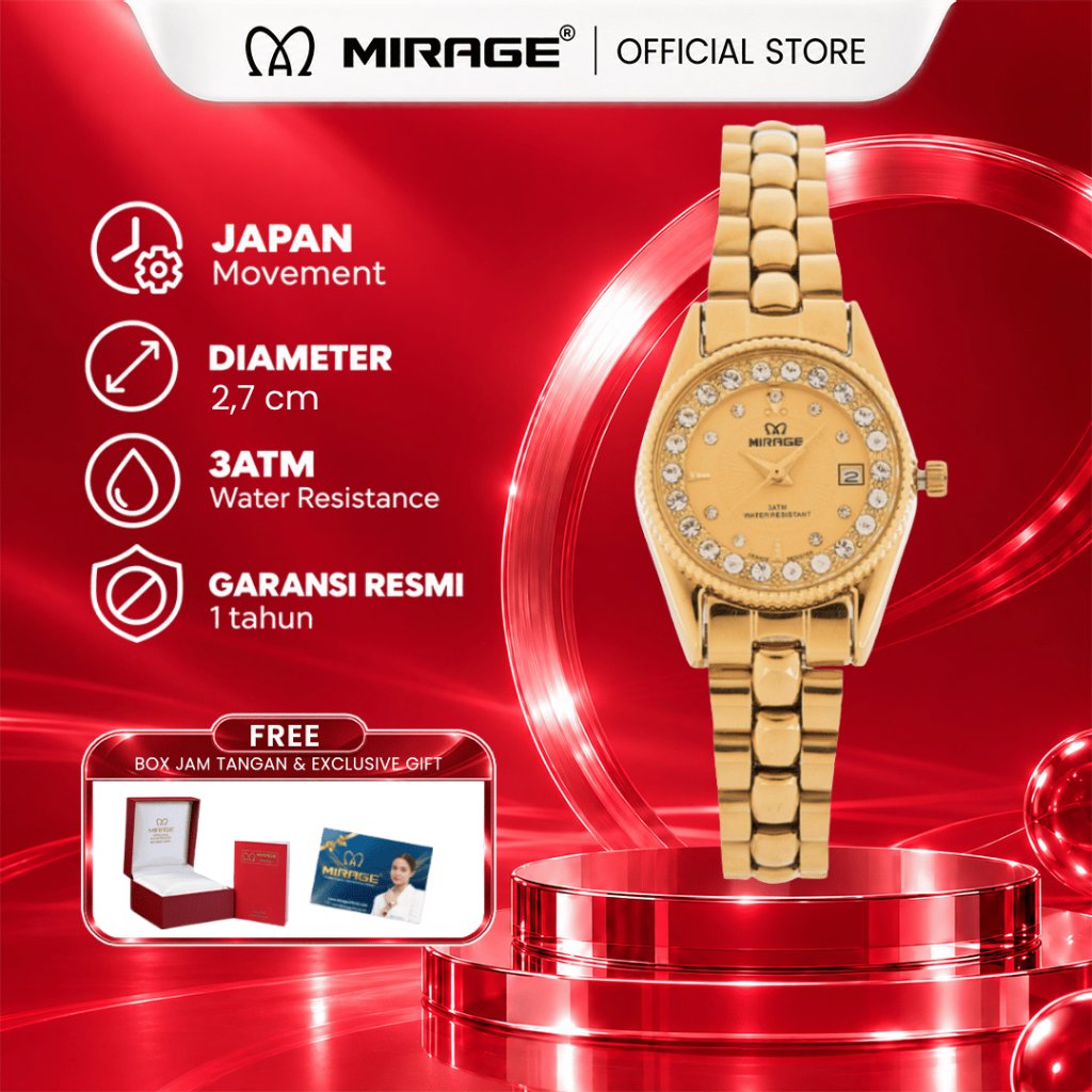 Mirage Jam Tangan Original Wanita Permata Analog RX 1580 L Gold Original Stainless