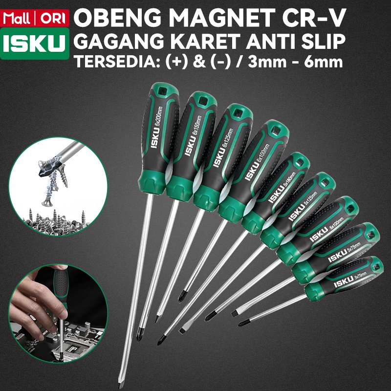 ISKU Obeng Magnet Satuan Plus Minus Kembang Gepeng Obeng CR-V Anti Slek Gagang Karet Anti Slip Alat 