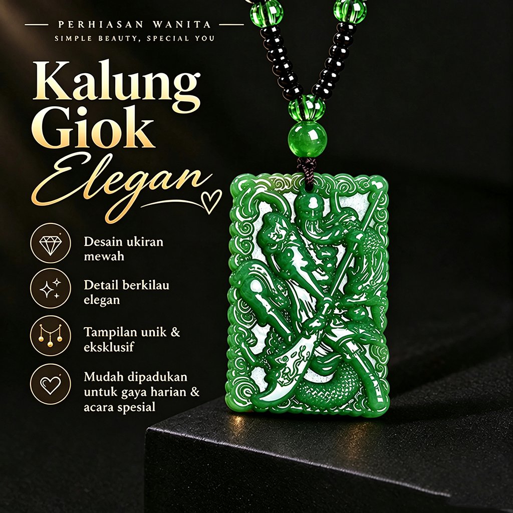 Kalung Liontin Giok Imitasi Hijau Dewa Kwan Kong Ukir Naga Jimat Keberuntungan Perhiasan Pria Wanita
