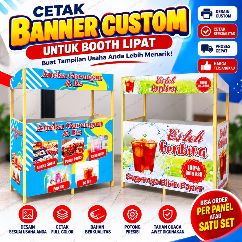 Cetak Banner Custom untuk Booth Lipat Banners Booth Makanan Minuman Desain Sesuai Usaha Anda