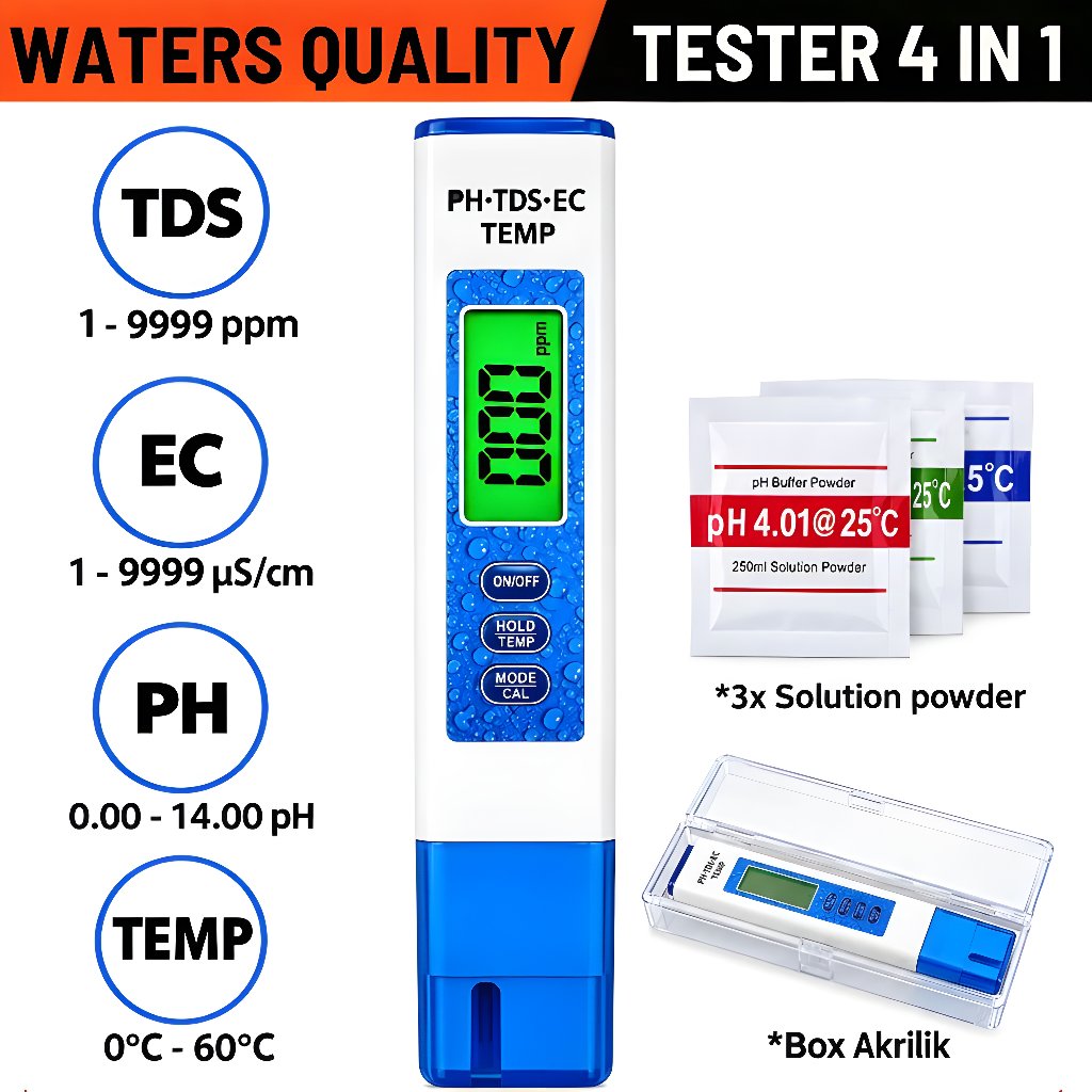 Alat Ukur Kwalitas Air PH Meter 4 in 1 Pengukur TDS Air Minum Suhu Akurasi Tinggi PH TDS EC Akurat