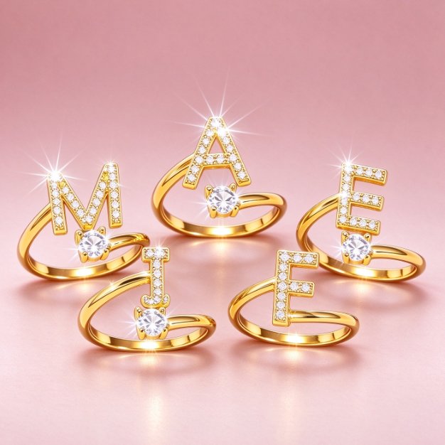 Cincin Wanita Emas 24Kk dengan 26 Huruf dan Berlian - Desain Elegan, Cocok untuk Dipakai Sehari-hari