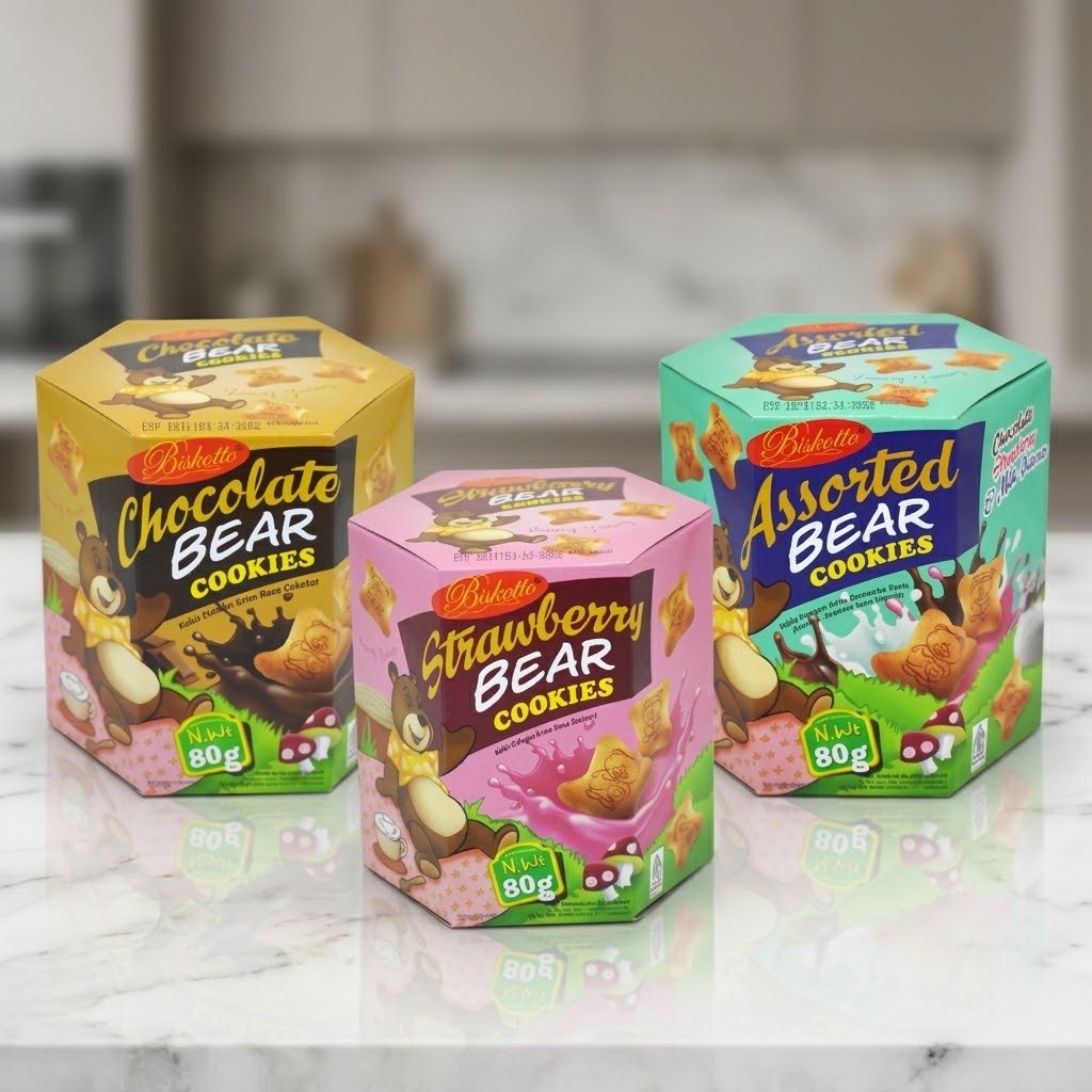 Biskotto Bear Cookies 80g Aneka Rasa Assorted Chocolate Strawberry Biskuit Camilan Anak