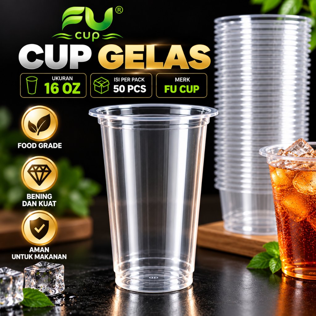 (50pcs) Cup Gelas Plastik 16 Oz Datar Merk FU