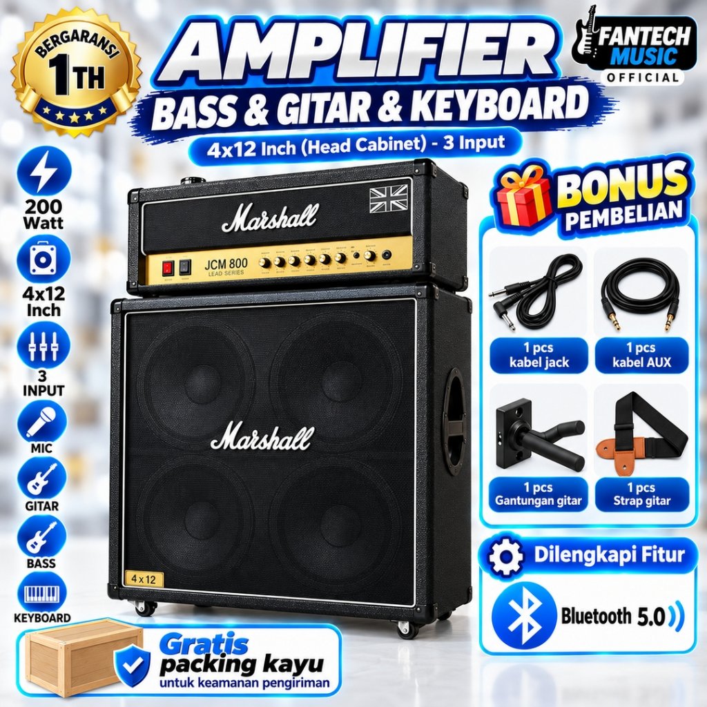 Ampli Bass & Gitar 4x12 Inch Bluetooth bisa untuk karaoke Marshall 3 Input Head Cabinet Bonus Kabel 