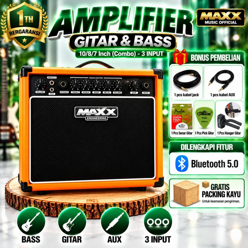 Ampli gitar dan bass 10 inch 8 inch 7 Inch bluetooth 3 input bisa karaoke ada efek delay & distorsi 