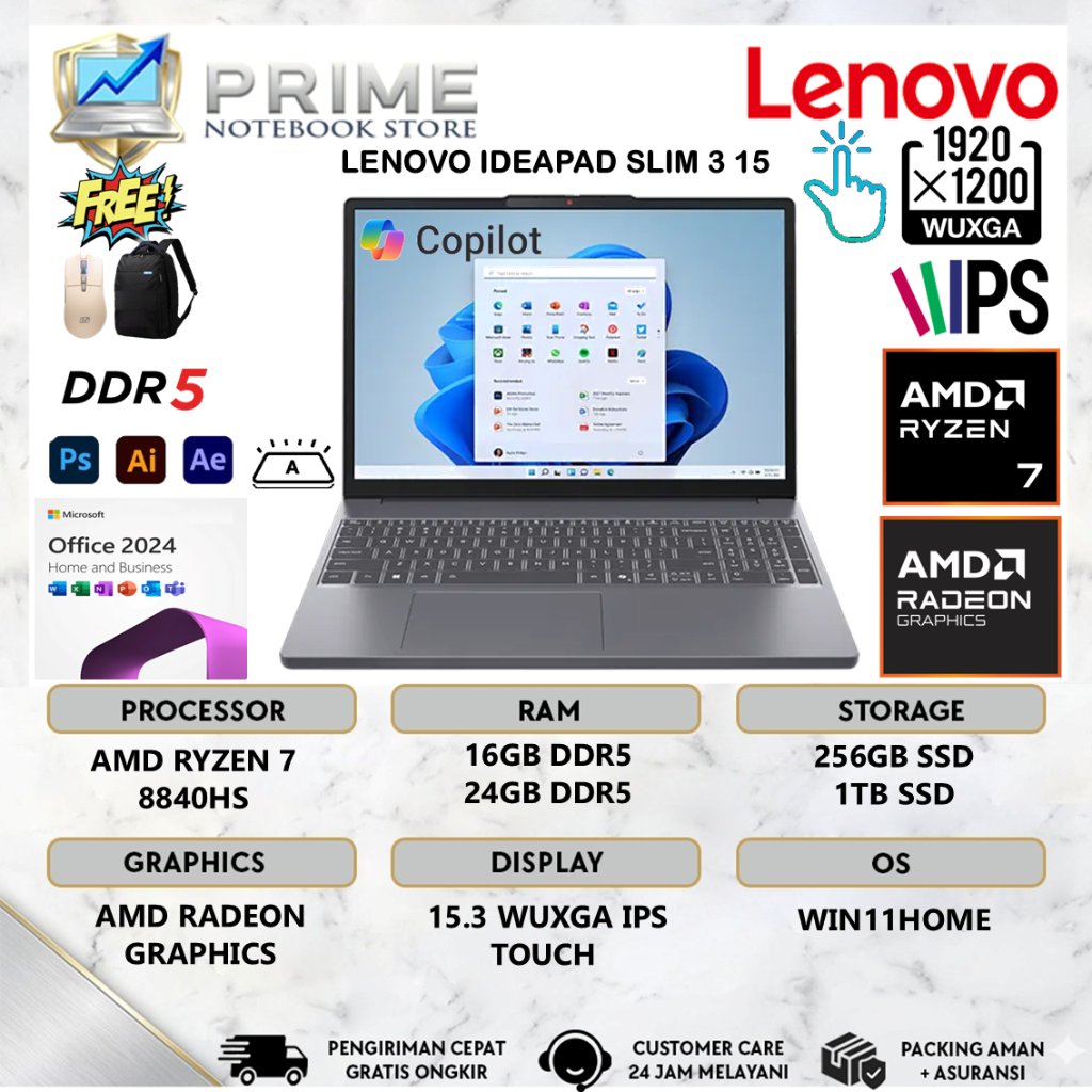 Lenovo Ideapad Slim 3 15 AMD Ryzen 7 8840HS 16GB DDR5 1TB SSD WUXGA Touch Backlit Windows 11
