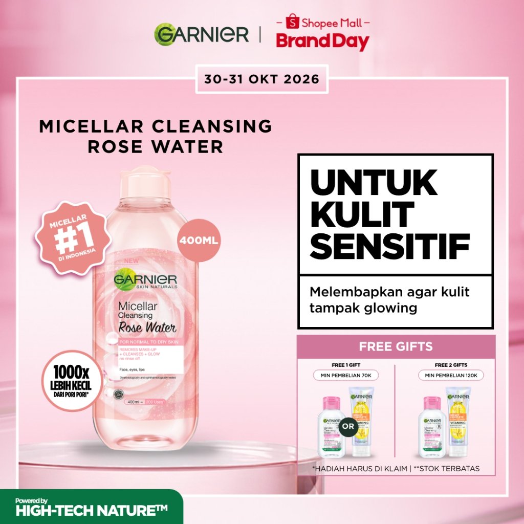 GARNIER Micellar Water Rose Skincare 400ml Skincare Cleansing - Pembersih Wajah & Make up Waterproof