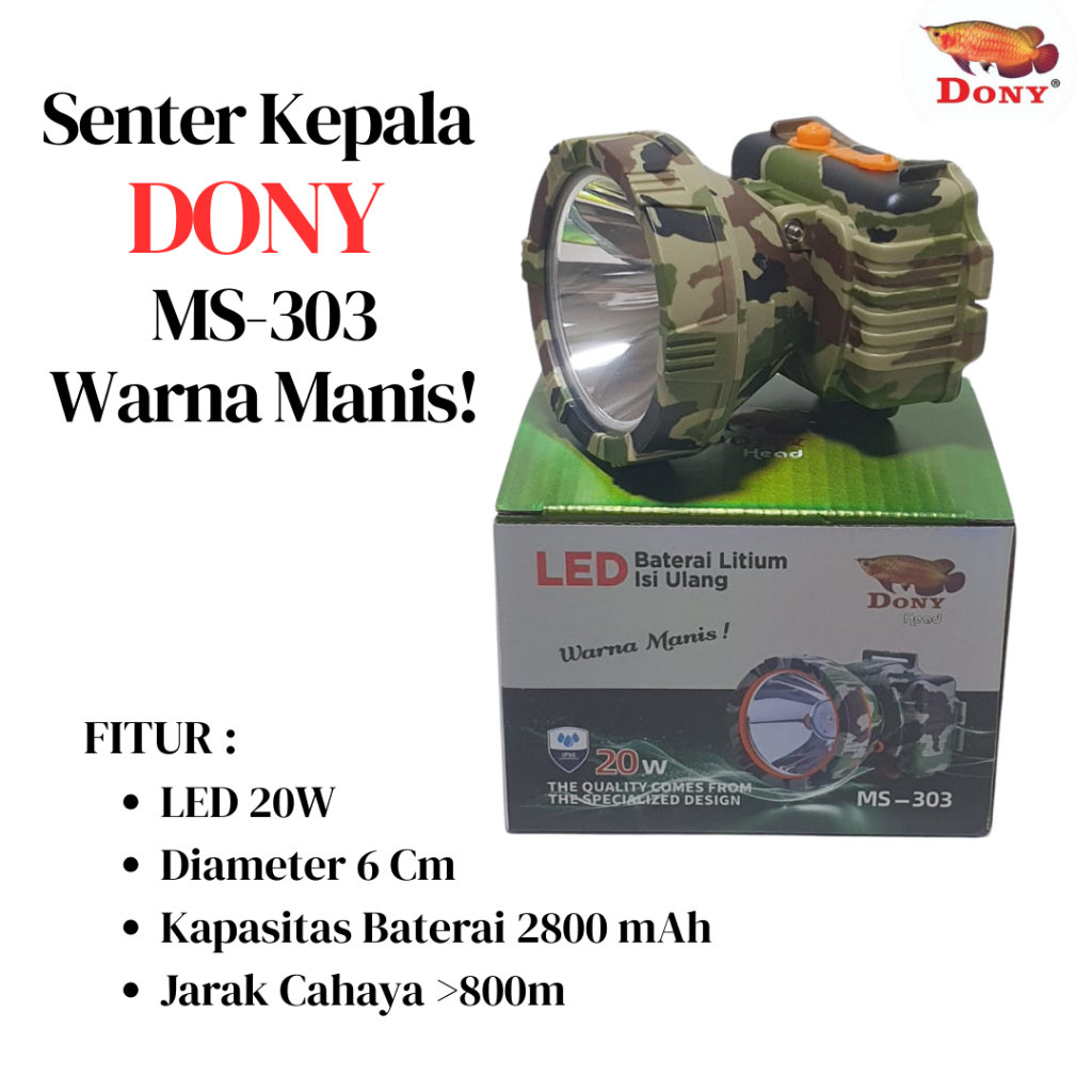 SENTER KEPALA DONY MS-303 WARNA MANIS | LED 20W | LORENG | CAHAYA PUTIH DAN KUNING