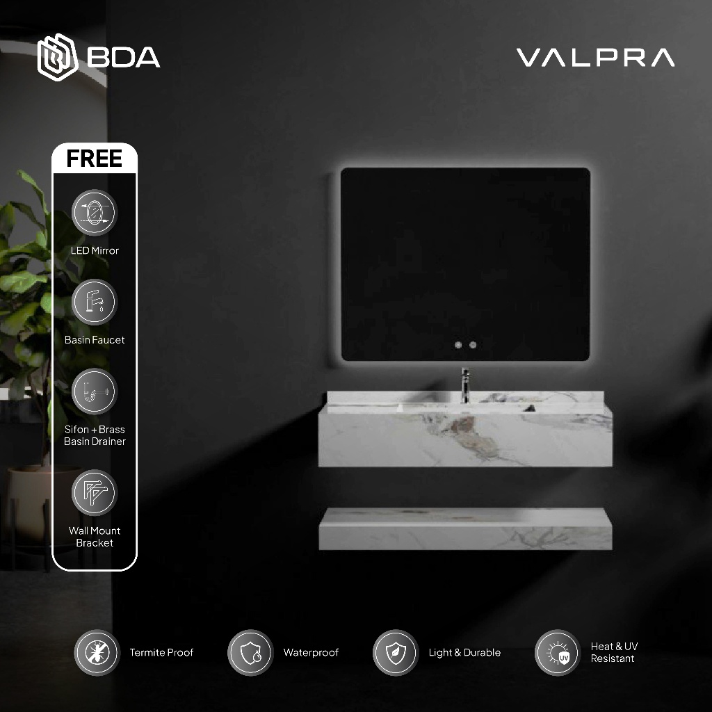 Valpra Wastafel Kabinet Minimalis Kamar mandi Set Komplit Kaca & Sintered Stone 60/80/100cm V 9600