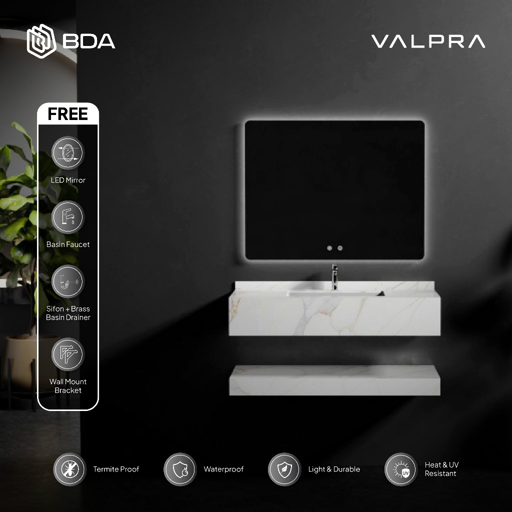 Valpra Wastafel Kabinet Minimalis Kamar mandi Set Komplit Kaca & Sintered Stone 60/80/100cm V 9500