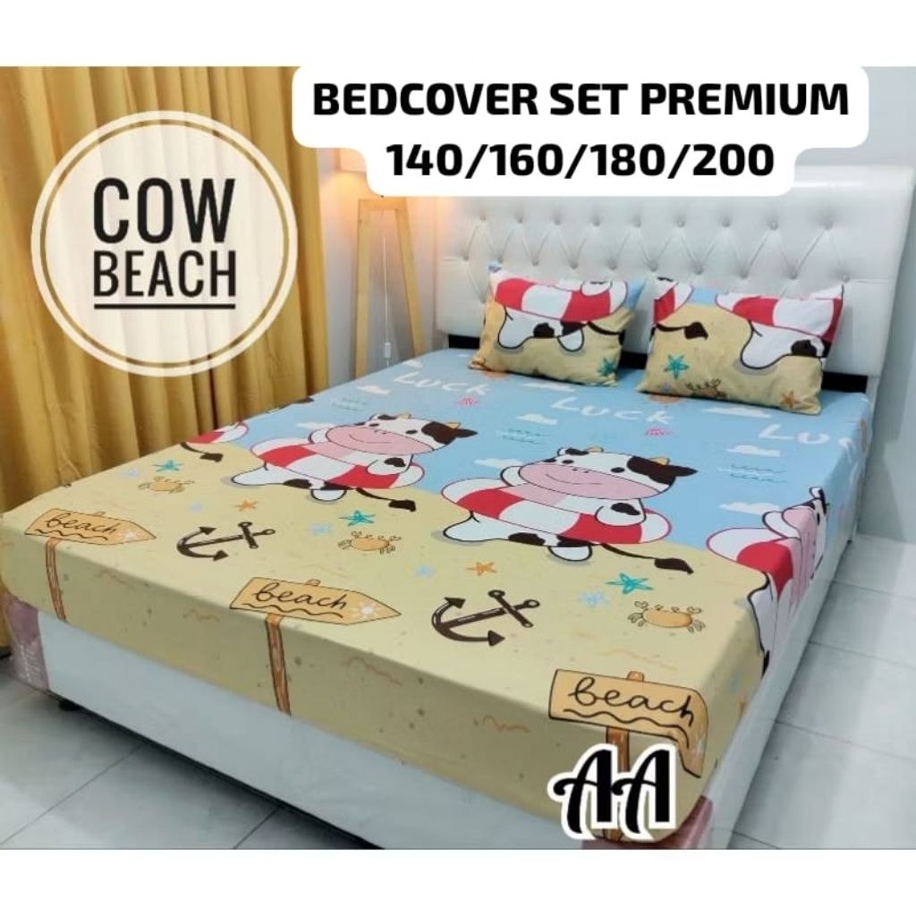 BEDCOVER SET PREMIUM 140/160/180/200 MOTIF SAPI COW MOO YELLOW KUNING CREAM LOVE PINK BEACH BLUE BIR