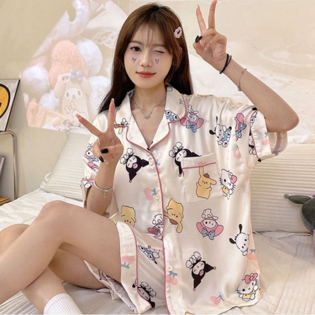 Baju tidur piyama satin sanrio cinnamoroll hello kitty my melody motif pochacco celana pendek hotpan
