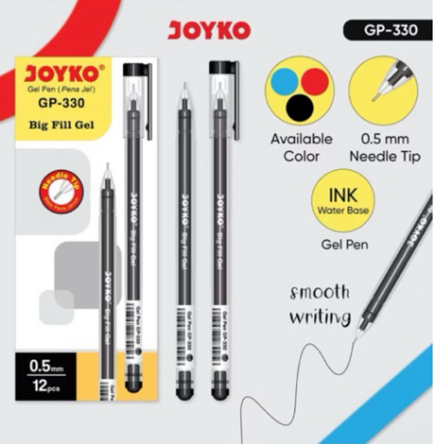 

JOYKO Pulpen Gel Hitam 1 Pack GP-330 Big Fill Gel 0.5mm Isi 12 Pcs