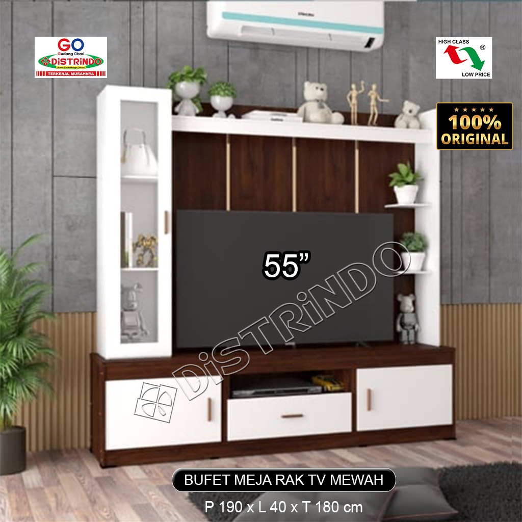 Distrindo - Bufet Rak Meja TV 55" Mewah bisa untuk BRACKET TV dengan Lemari Hias Kaca + Laci & Rak