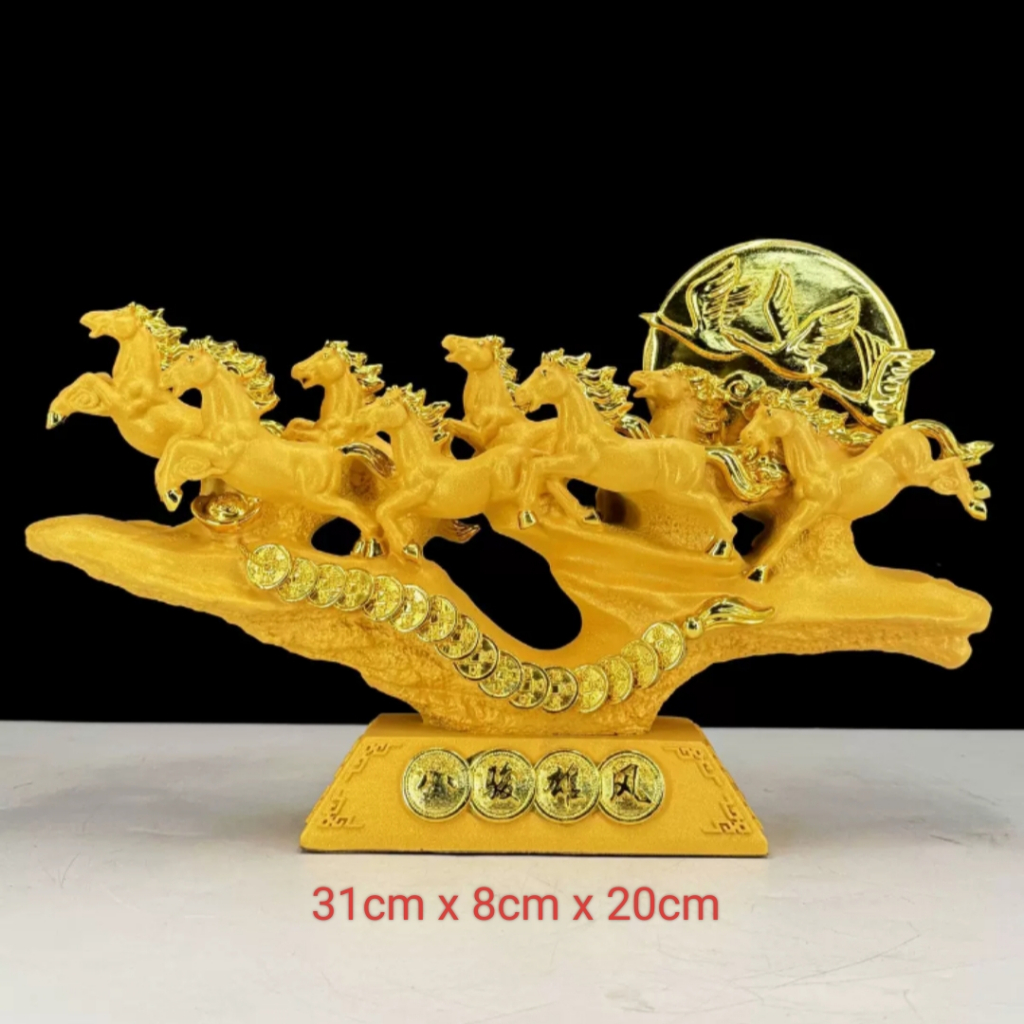 Patung 8 Kuda Emas Pajangan Meja Dekorasi Rumah Hiasan Feng Shui Pembawa Rezeki & Keberuntungan