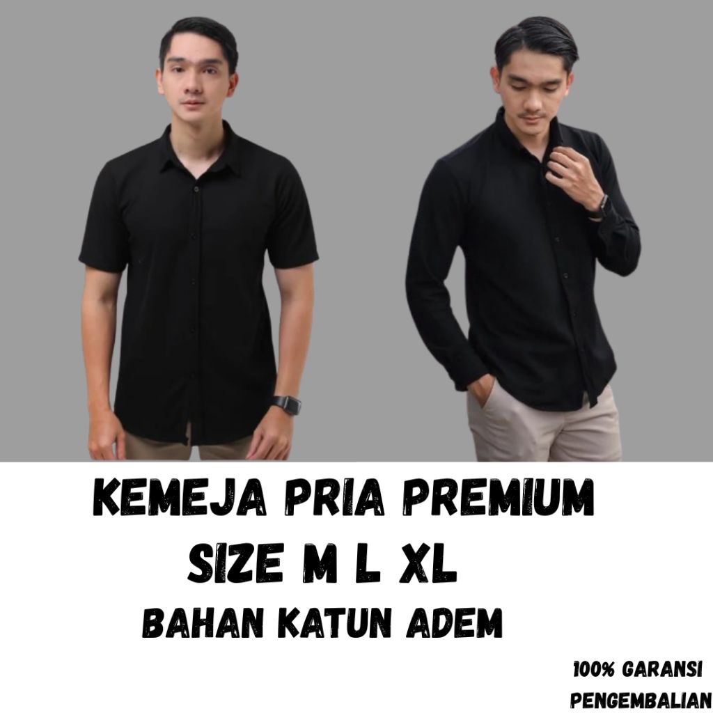 Kemeja Polos Pria Hitam Slimfit Lengan Pendek Dan Lengan Panjang Bahan Katun Adem||Hem Pria Polos Sl
