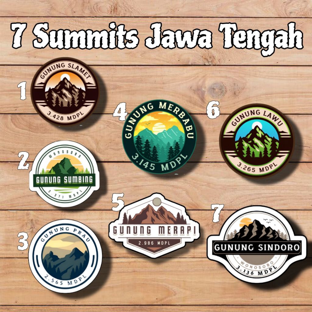 

Stiker 7 Summit Jawa Tengah Stiker Gunung Jawa Tengah Vinyl+Laminasi Size 6-7cm