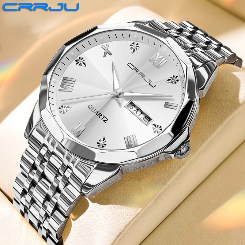 CRRJU Jam Tangan Pria Anti Air Original Cowok Kalender Bercahaya Analog Luminous Stainless Steel Men