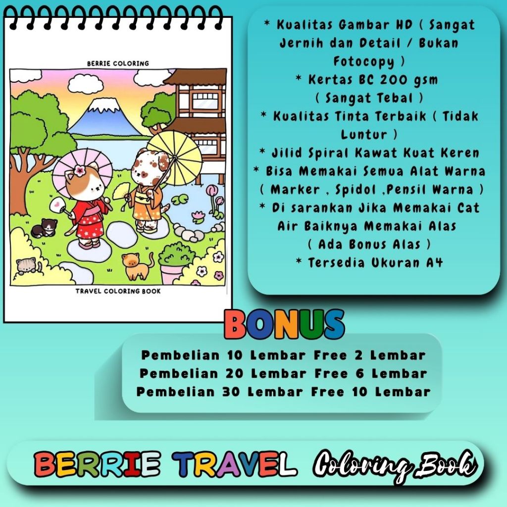 

BERRIE TRAVEL Buku Mewarnai Anak SD Dewasa Coloring Book For Kids And Adult Kertas 200 gsm Sangat Tebal Gambar Sudah HD Jernih Jelas