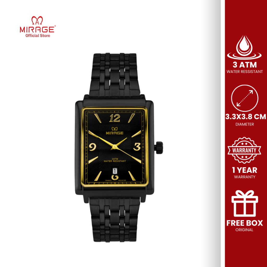 Mirage Jam Tangan Pria Anti Air Segi Analog Kasual Formal Stainless Hitam Original Bergaransi 8836 M
