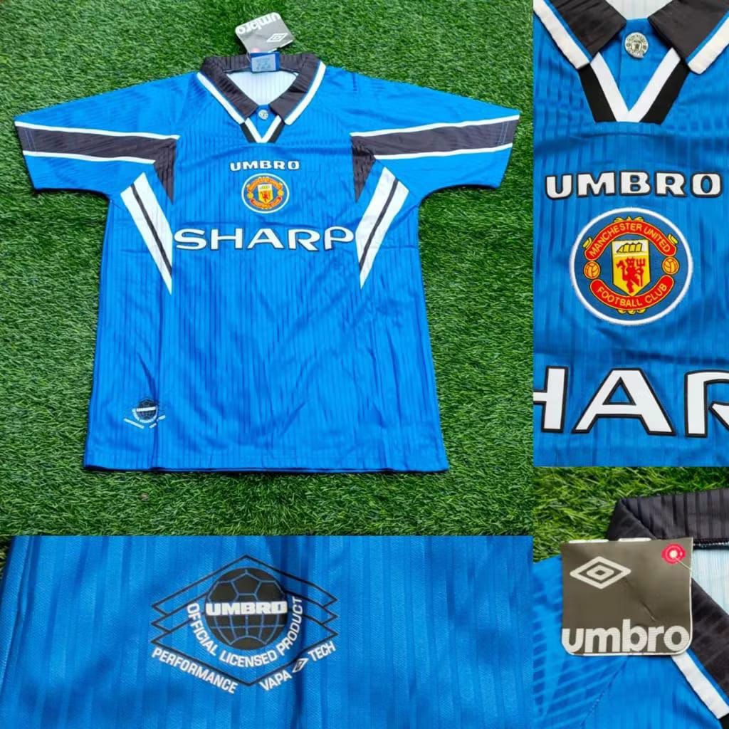 JERSEY RETRO MANCHESTER UNITED MU AWAY SHARP BIRU 1996/1998 GRADE AAA CLASSIC/ Jersey Vintage.