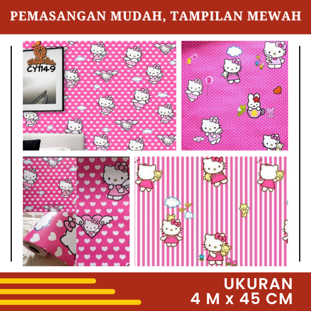 Wallpaper Sticker Dinding Kamar Tidur Meja Belajar Lemari Anak Perempuan Motif Karakter Hello Kitty