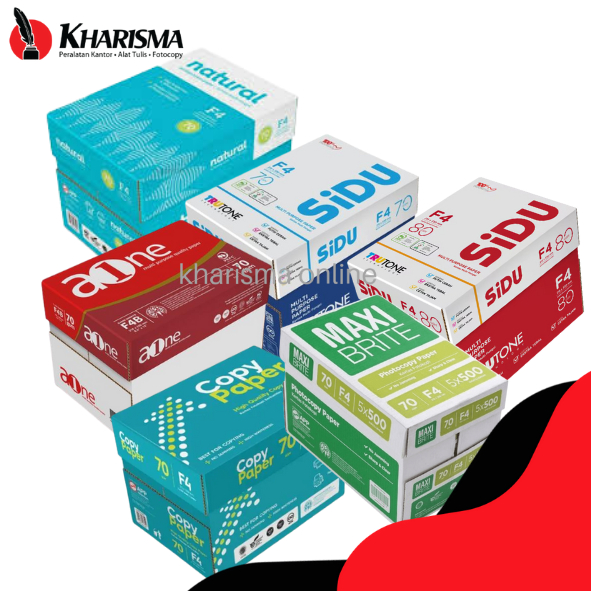 

Kertas HVS F4 80 70 gsm PER-BOX Isi 5 Rim Sidu | Aone | Natural | Max brite | Copy Piper