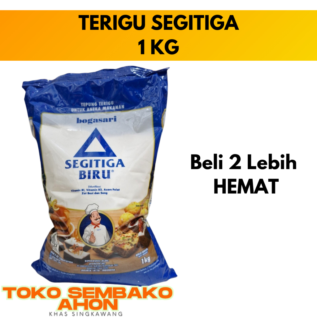 

TERIGU SEGITIGA 1 KG KEMASAN PREMIUM / Tepung Terigu Cap Segitiga Biru 1kg / Terigu Premium Untuk Kue / Tepung Segitiga 1 Kg