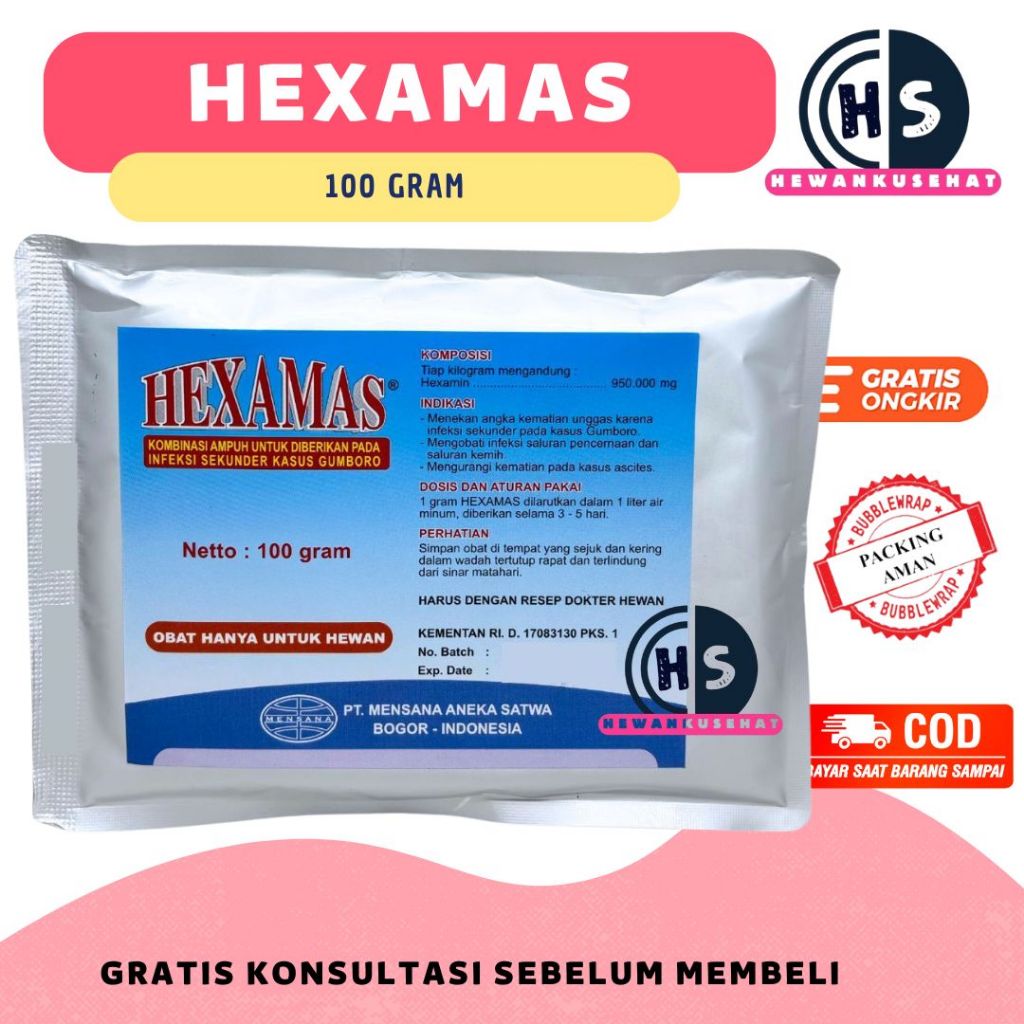 HEXAMAS 100 gram - Obat Gumboro Gumbonal Infeksi Pencernaan Saluran Kemih Ascites Ayam Unggas Hewan 